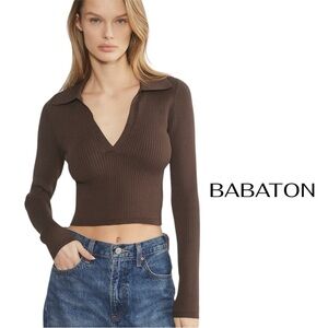 BABATON Aritzia Sculpt Knit Polo Long Sleeve | Cropped Sweater | Brown | Medium
